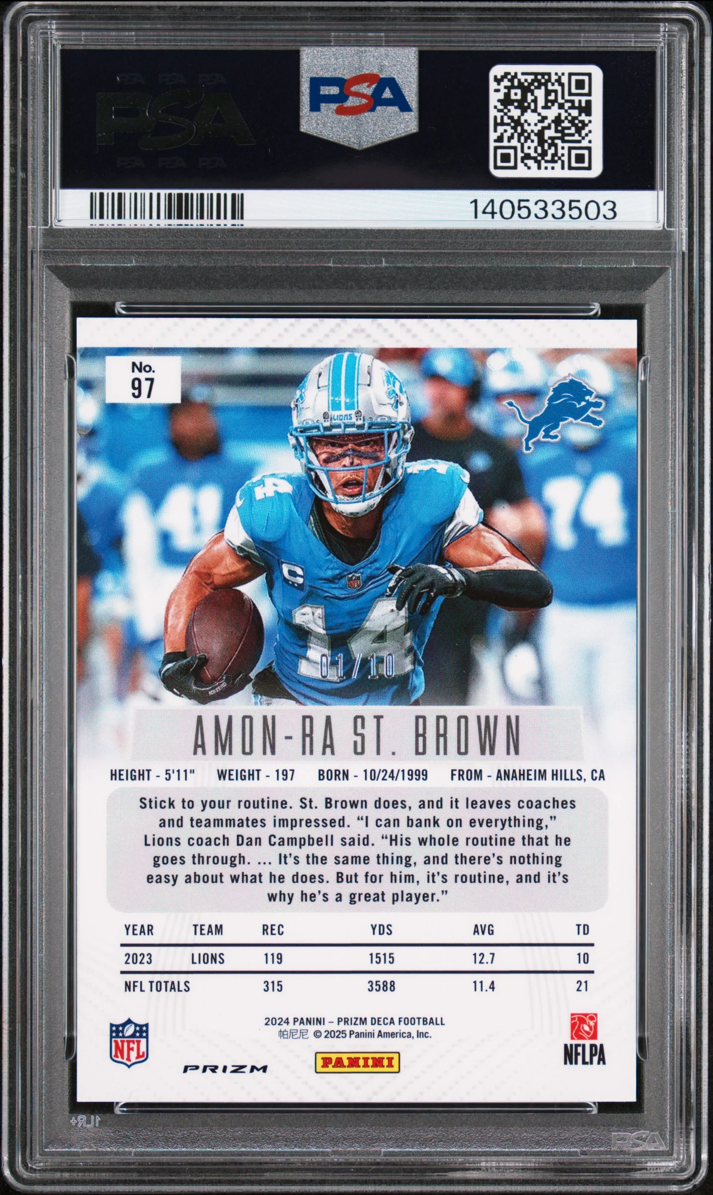 Amon-Ra St Brown 2024 Panini Prizm Deca Gold SP 1/10 PSA 9 - Image 2