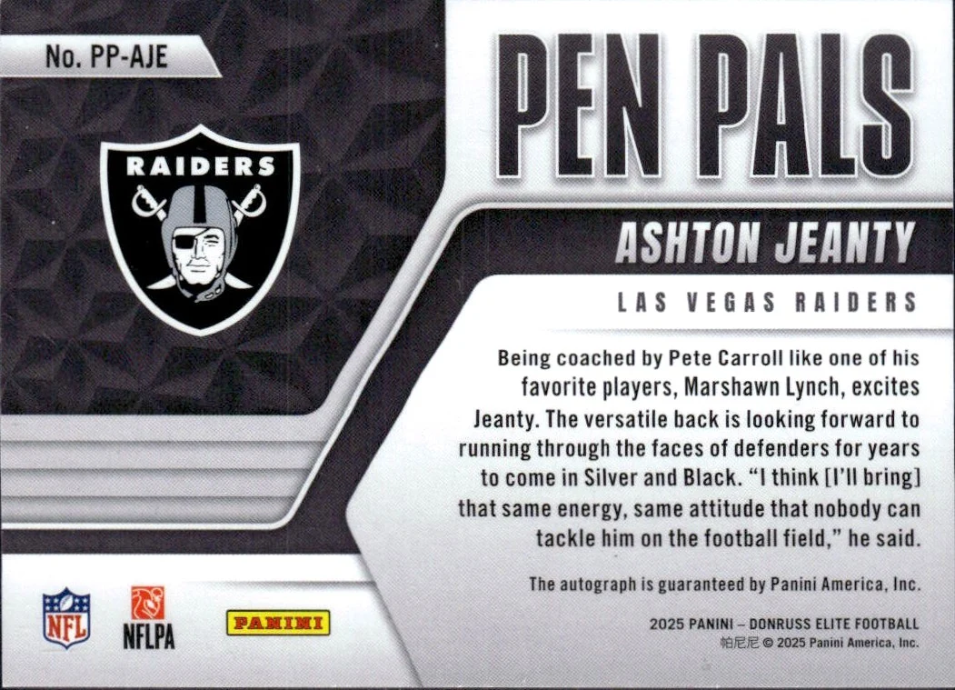 Ashton Jeanty RC 2025 Donruss Elite Pen Pals Rookie Auto - Image 2