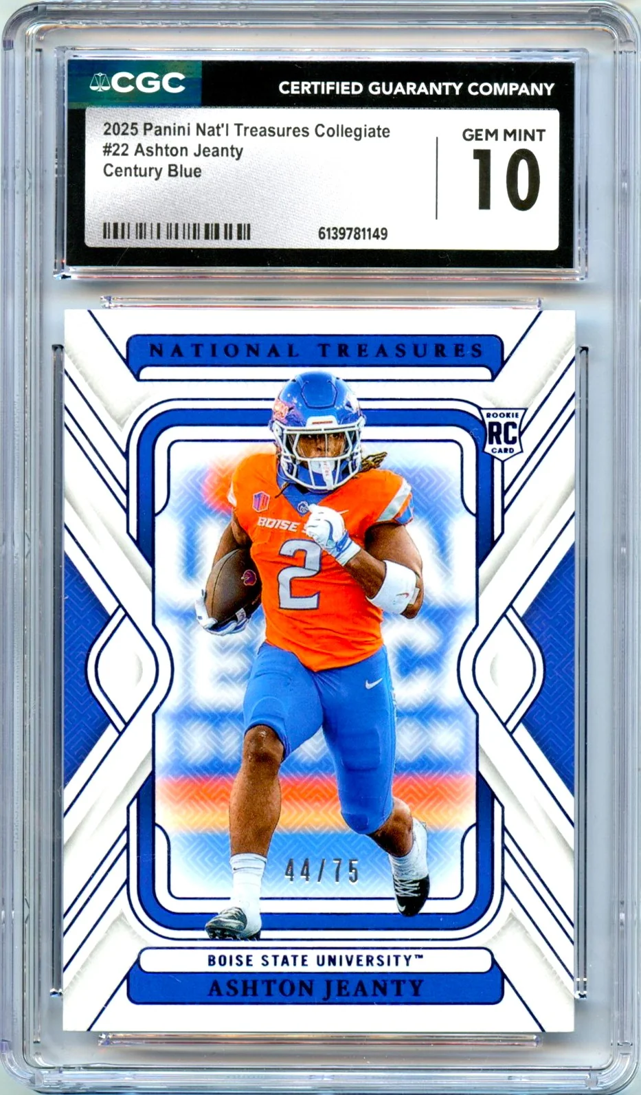 Ashton Jeanty RC 2025 National Treasures Collegiate Blue Century Rookie SP 44/75 CGC 10