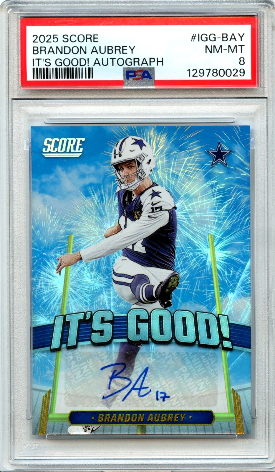Brandon Aubrey 2025 Panini Score It's Good! Auto PSA 8
