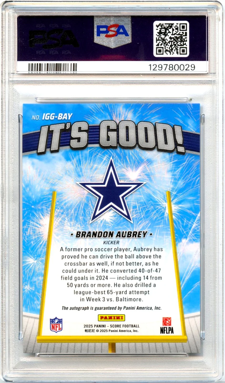 Brandon Aubrey 2025 Panini Score It's Good! Auto PSA 8 - Image 2