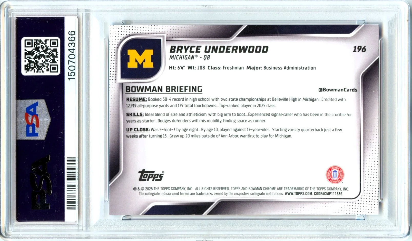 Bryce Underwood RC 2025 Bowman U Chrome Sapphire Rookie #196 PSA 10 - Image 2
