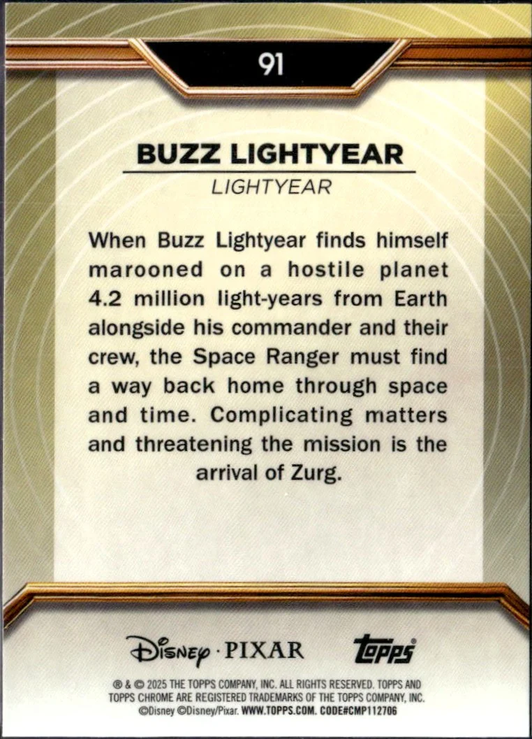 Buzz Lightyear 2025 Topps Pixar Gold Turning Red Refractor SP 83/99 - Image 2