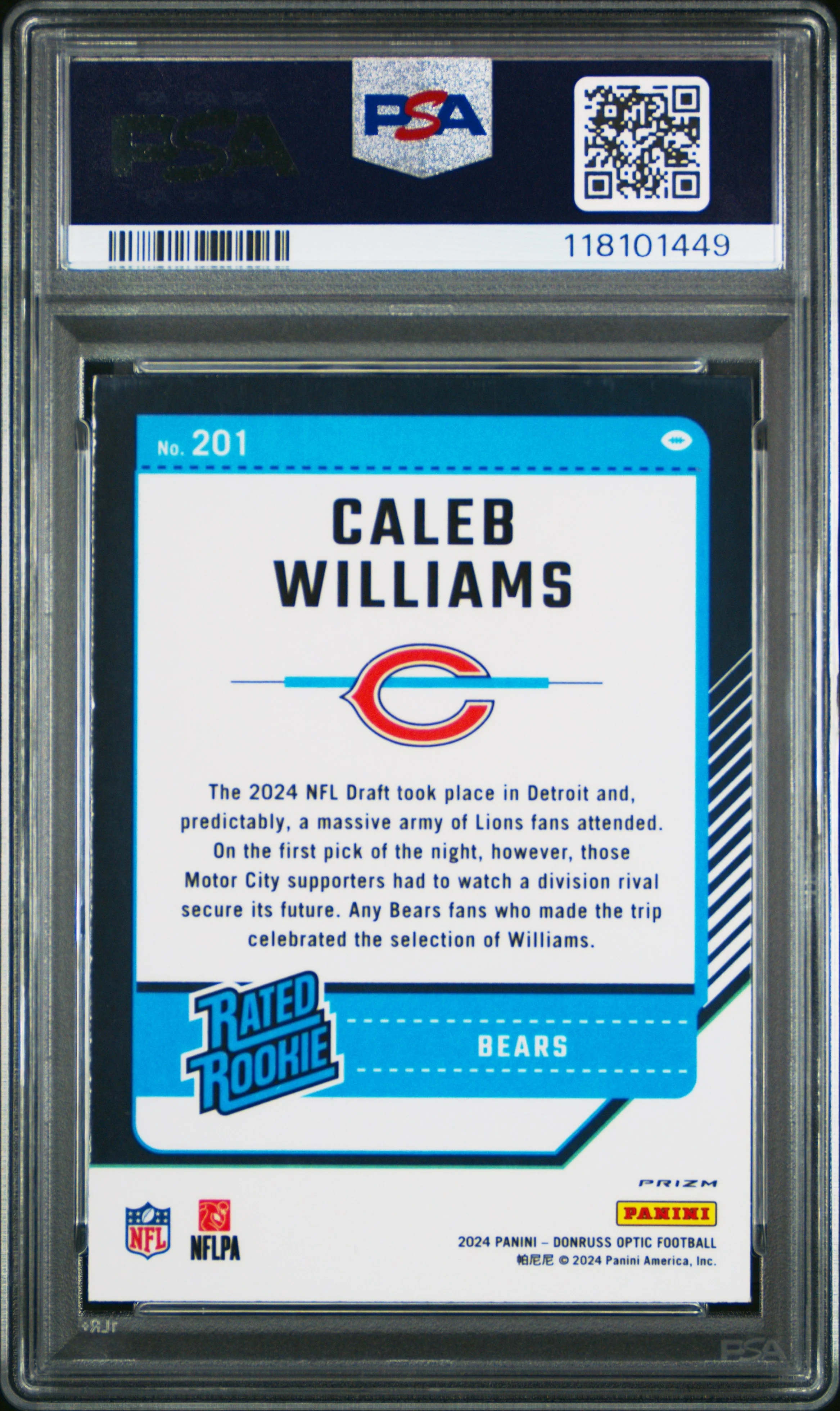 Caleb Williams RC 2024 Donruss Optic Purple Shock Rated Rookie #201 PSA 9 - Image 2