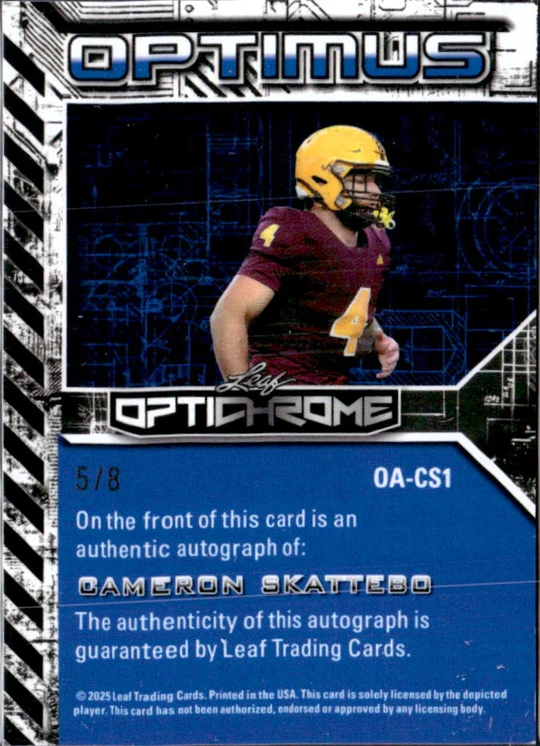 Cam Skattebo RC 2025 Leaf Optichrome Magenta Lava Optimus Rookie Auto SP 5/8 - Image 2