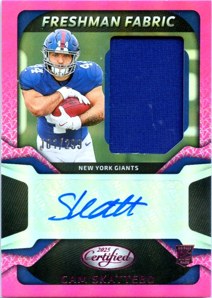 Cam Skattebo RC 2025 Panini Certified Pink Freshman Fabric Rookie Patch Auto SP 101/299
