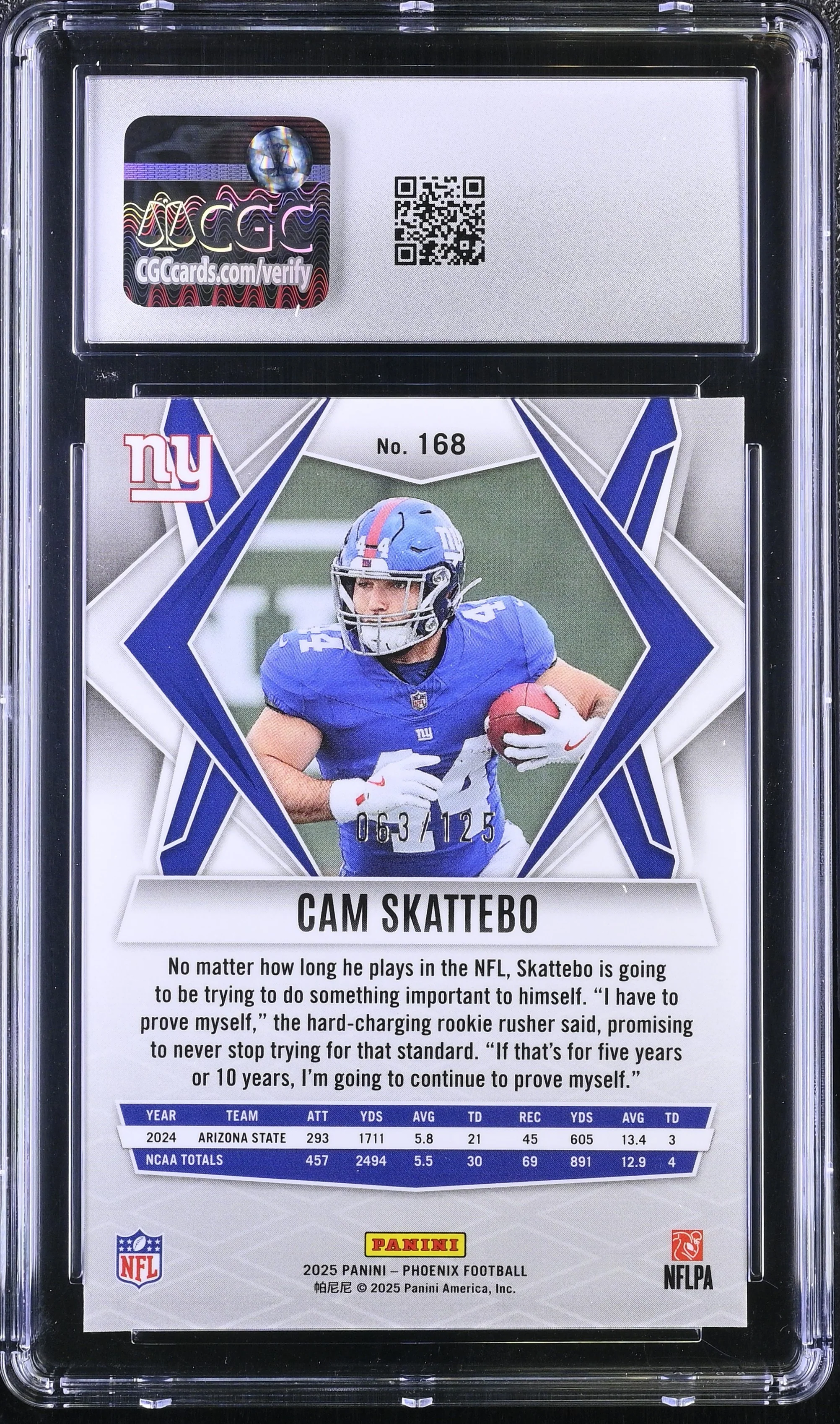 Cam Skattebo RC 2025 Panini Phoenix Bronze Pandora Rookie SP 63/125 CGC 10 - Image 2