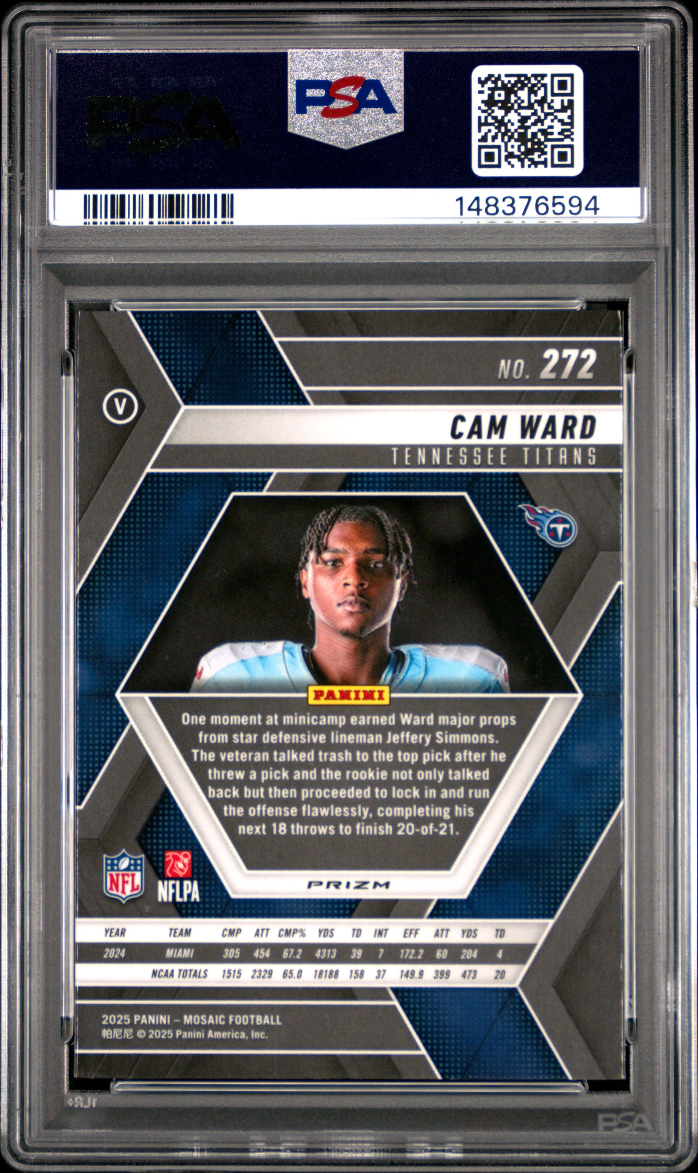 Cam Ward RC 2025 Panini Mosaic Silver Variation Rookie #272 PSA 10 - Image 2