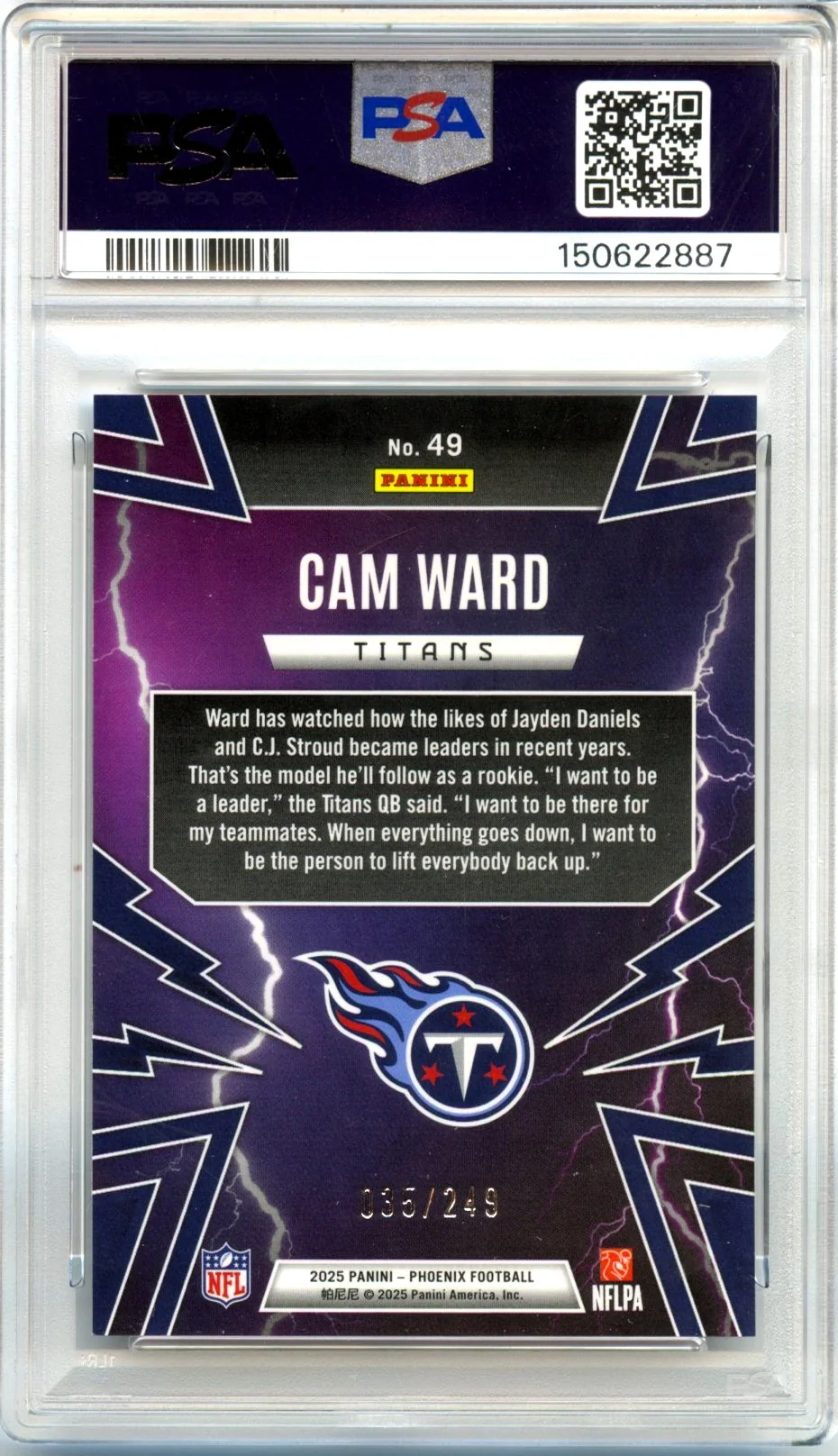 Cam Ward RC 2025 Panini Phoenix Silver Pandora Thunderbirds Rookie SP 35/249 PSA 10 - Image 2
