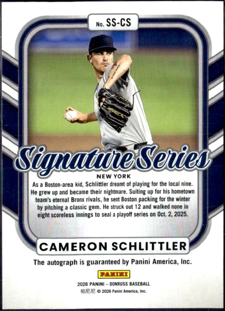 Cameron Schlittler 2026 Donruss Signature Series Blue Auto SP 67/75 - Image 2