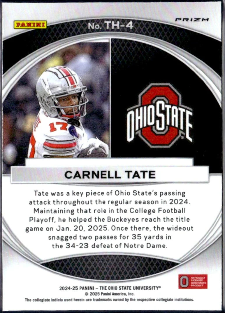 Carnell Tate RC 2024 Panini OSU Prizm White Sparkle Trophy Hunting Rookie SSP - Image 2