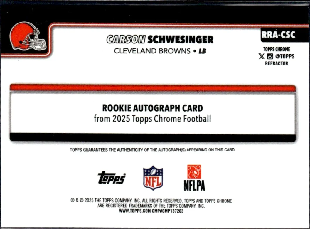 Carson Schwesinger RC 2025 Topps Chrome Refractor Rookie Auto SP 292/499 - Image 2