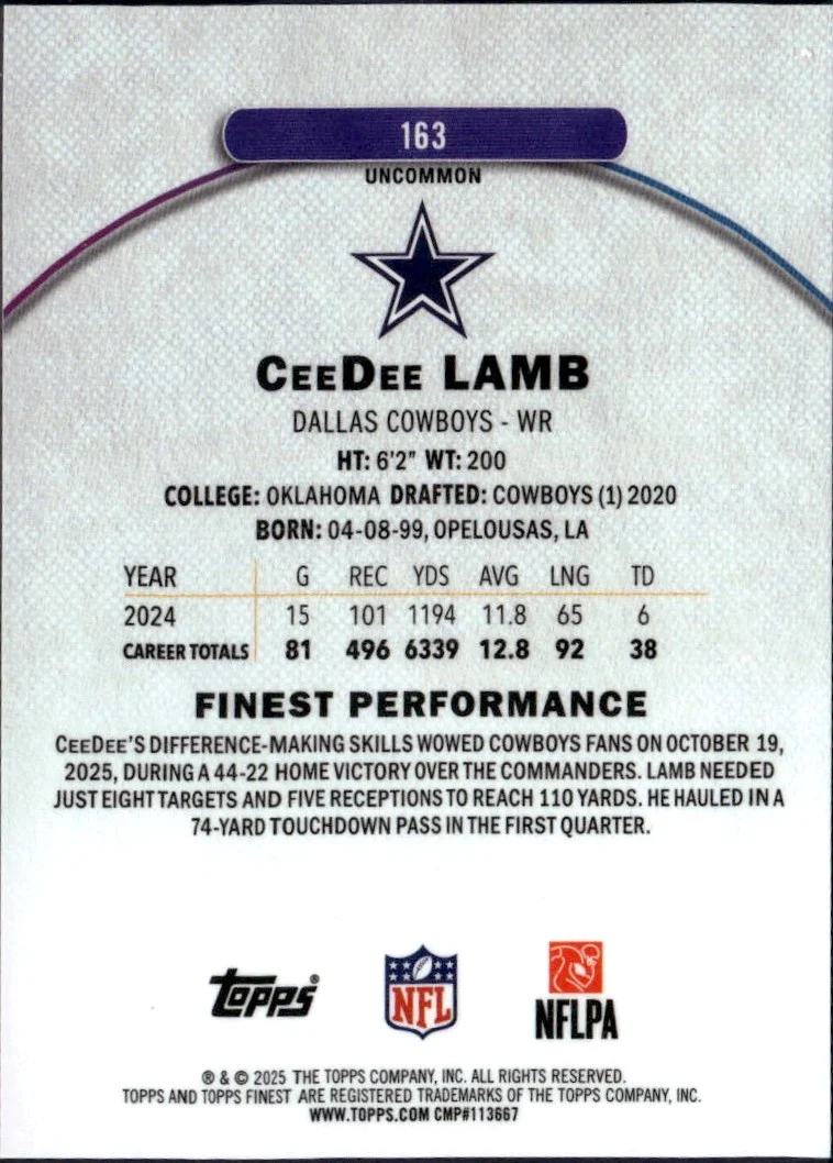 Ceedee Lamb 2025 Topps Finest Black Refractor SP 13/15 - Image 2