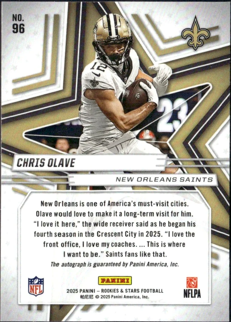 Chris Olave 2025 Panini Rookies & Stars Gold Auto SP 1/10 - Image 2