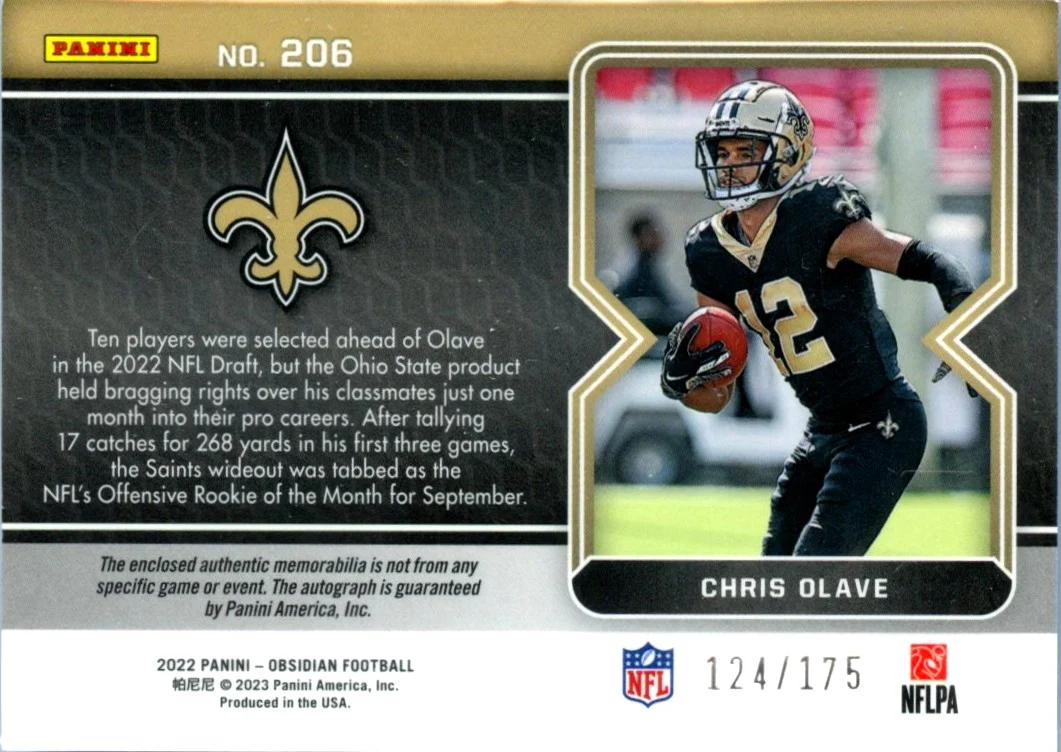 Chris Olave RC 2022 Panini Obsidian Rookie Patch Auto SP 124/175 - Image 2