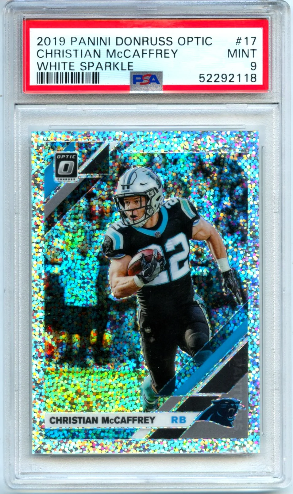 Christian Mccaffrey 2019 Donruss Optic White Sparkle Prizm SSP #17 PSA 9