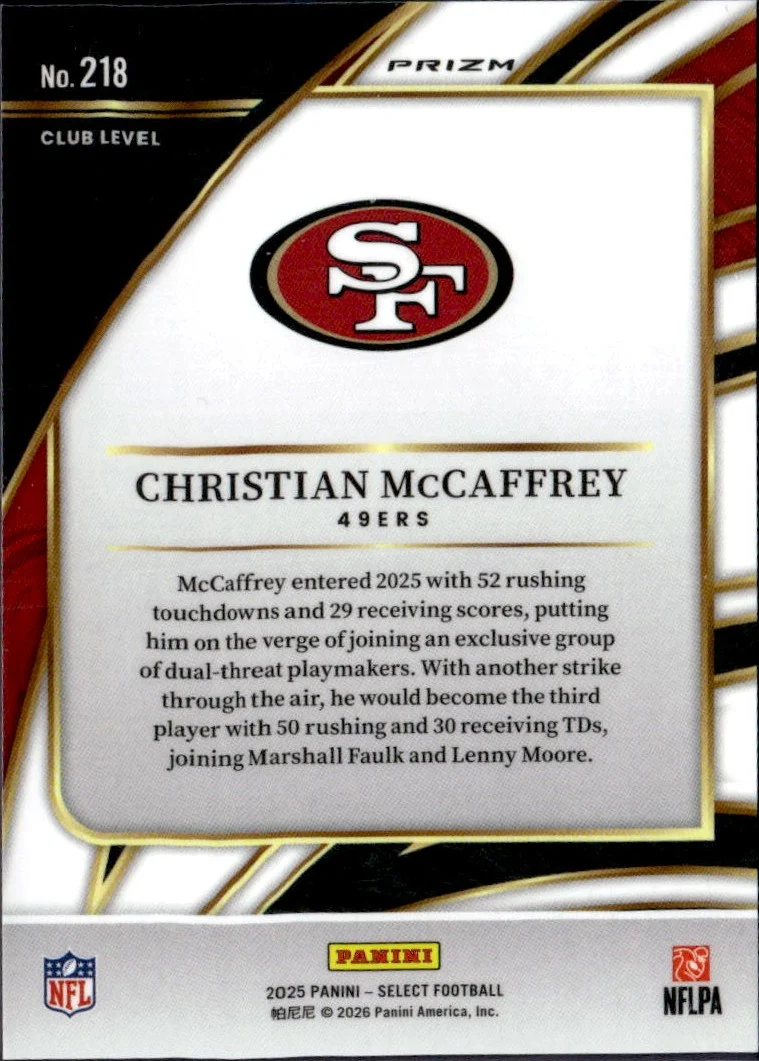 Christian Mccaffrey 2025 Panini Select Club Level Zebra Shock Prizm SSP #218 - Image 2
