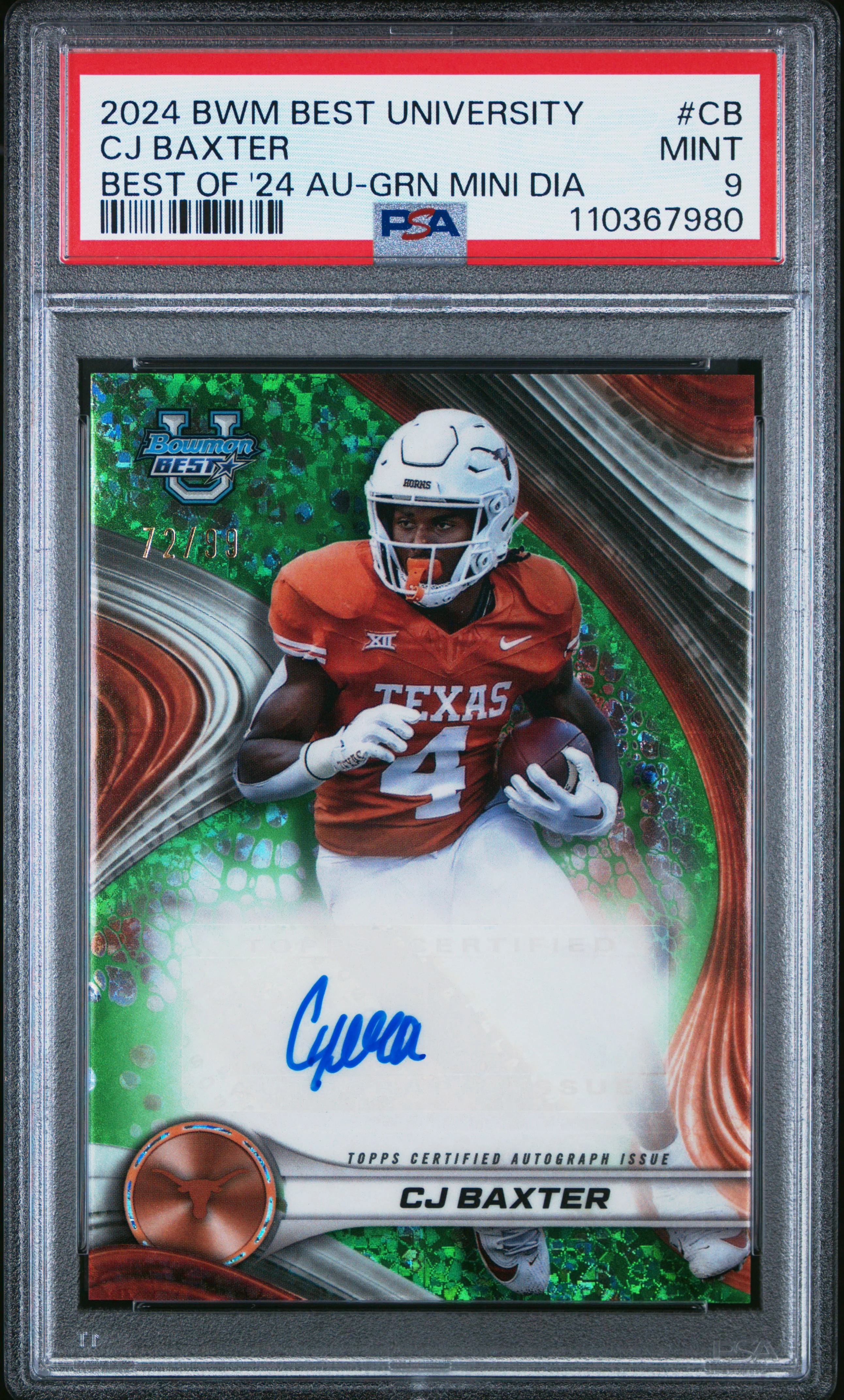 Cj Baxter RC 2024 Bowman U Best Green Mini Diamond Rookie Auto 72/99 PSA 9