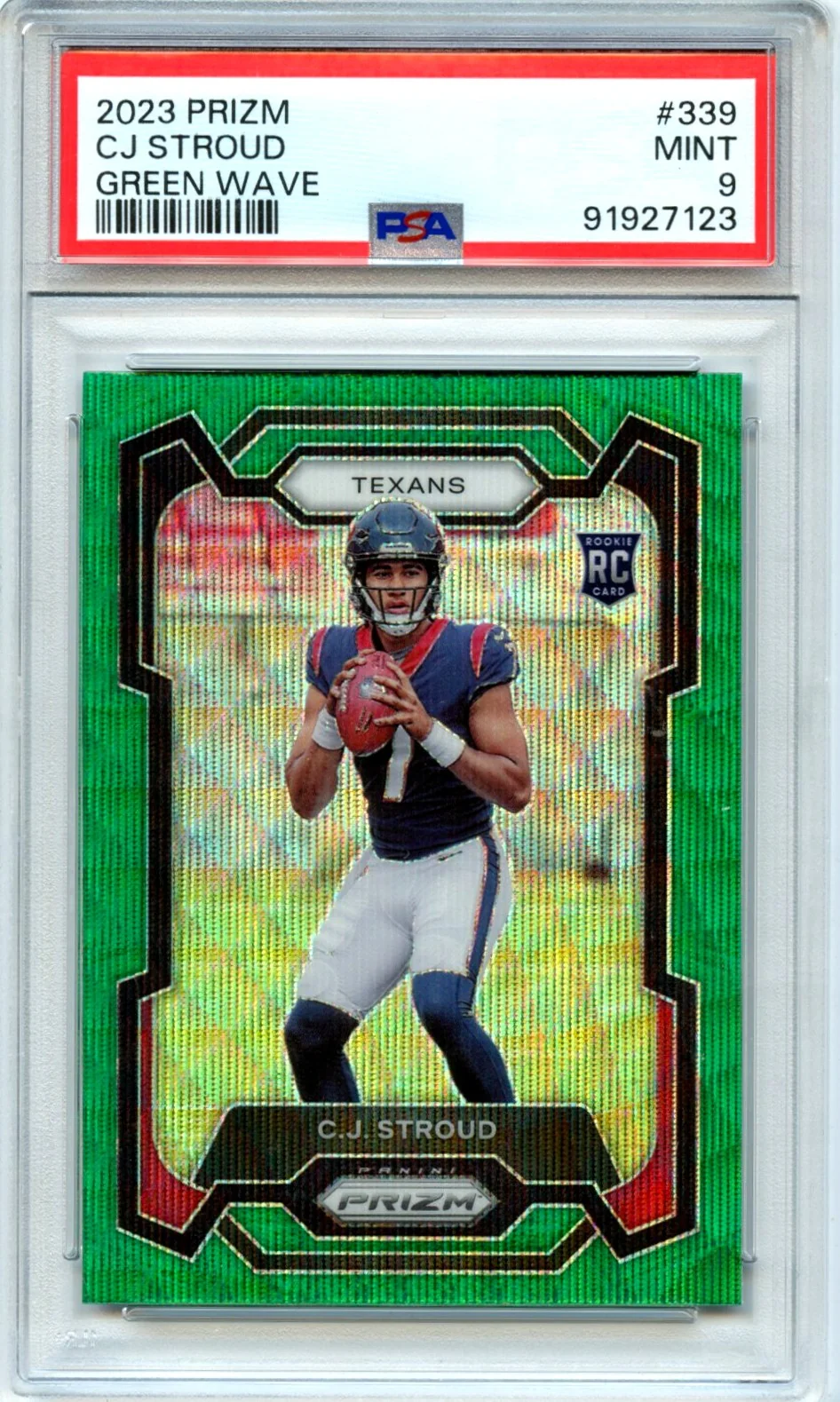 Cj Stroud RC 2023 Panini Prizm Green Wave Rookie #339 PSA 9