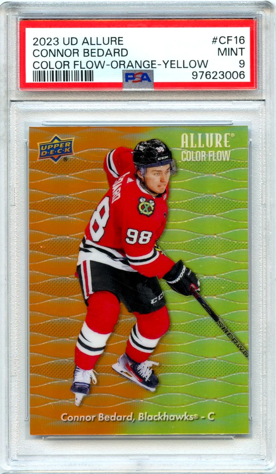 Connor Bedard RC 2023-24 UD Allure Orange Yellow Color Flow Rookie PSA 9