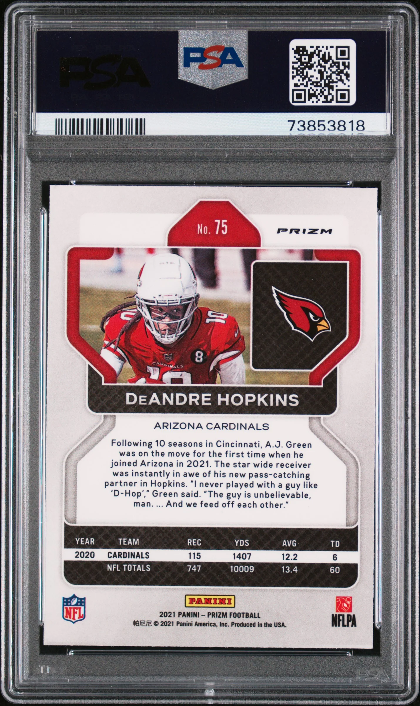 Deandre Hopkins 2021 Panini Prizm Red Black Checker #75 PSA 10 - Image 2