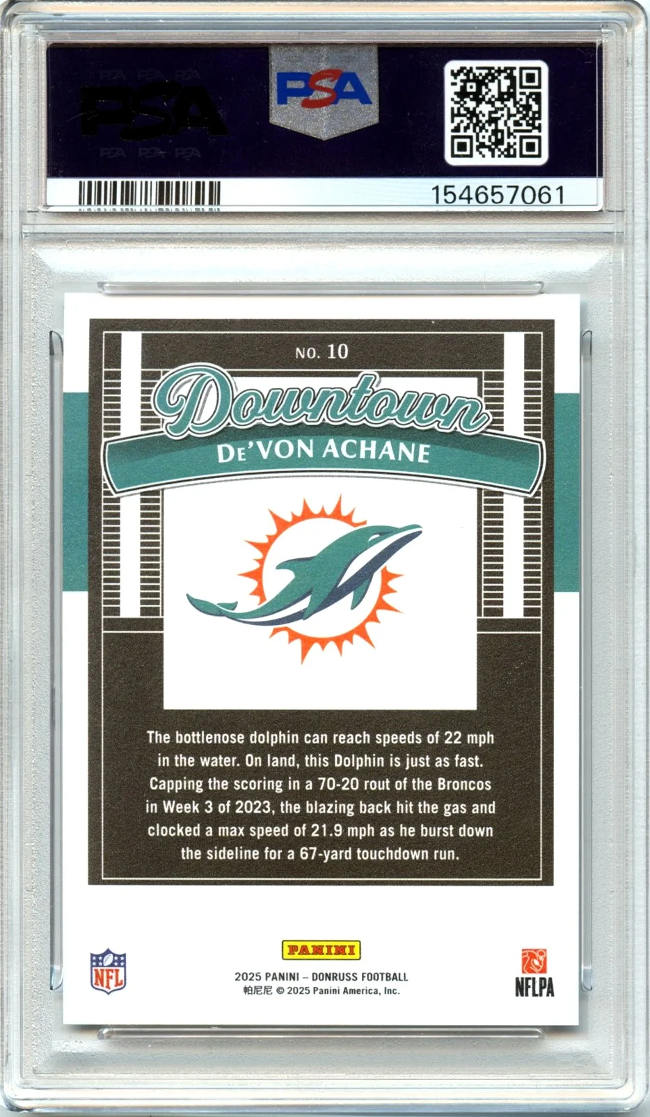 De'von Achane 2025 Donruss Downtown! Case Hit SSP #10 PSA 10 - Image 2
