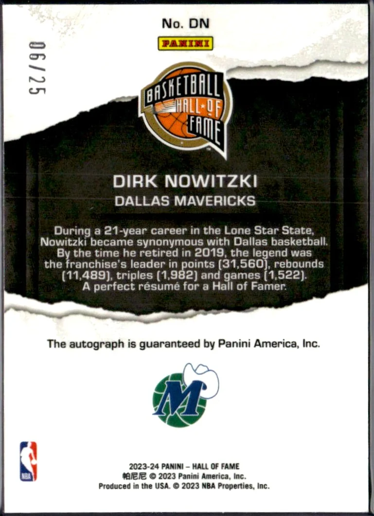 Dirk Nowitzki 2023 Panini Hall Of Fame Auto SP 6/25 - Image 2