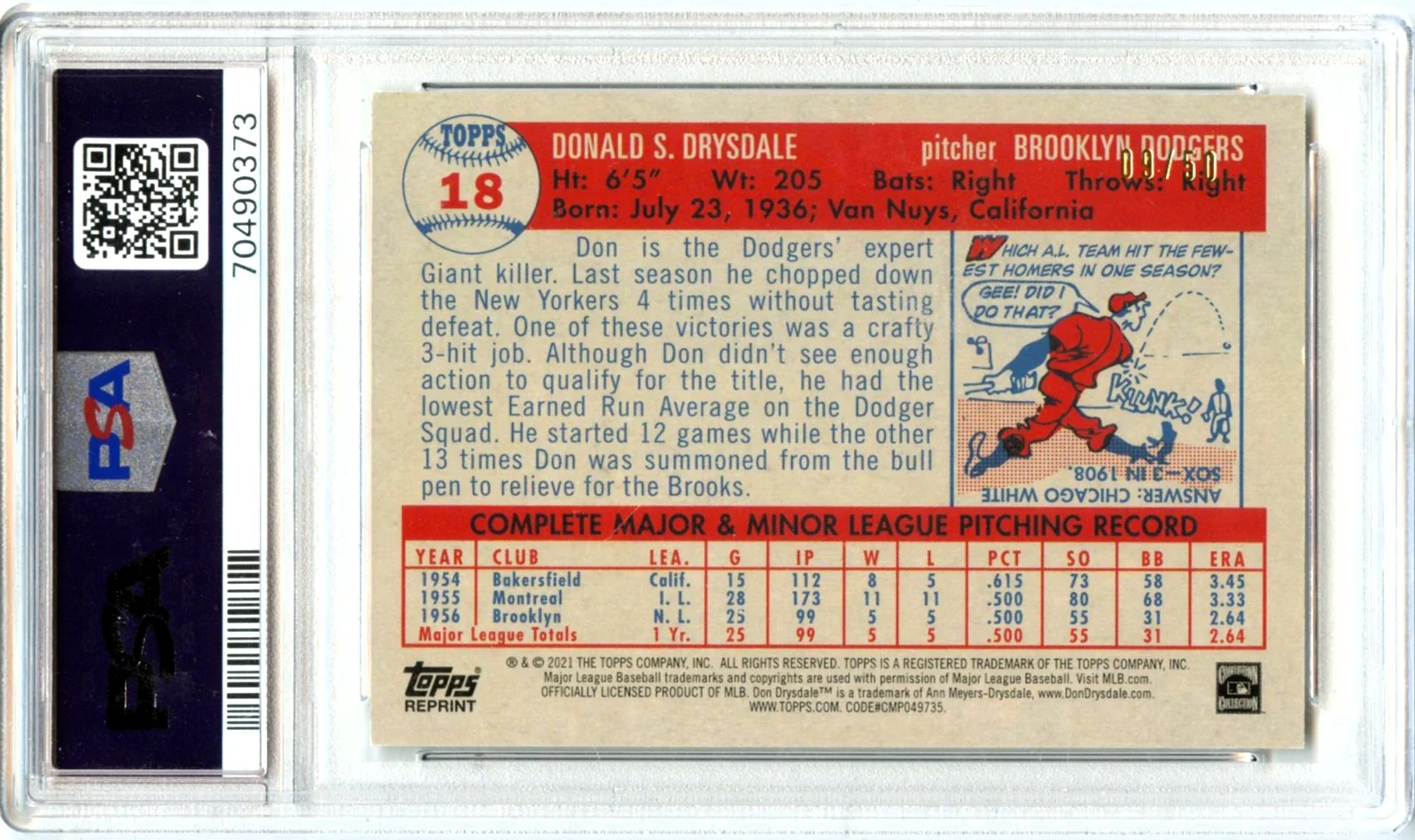 Don Drysdale 2021 Topps All Star Rookie Cup 1952 Retro Gold Foil SP 9/50 PSA 10 - Image 2