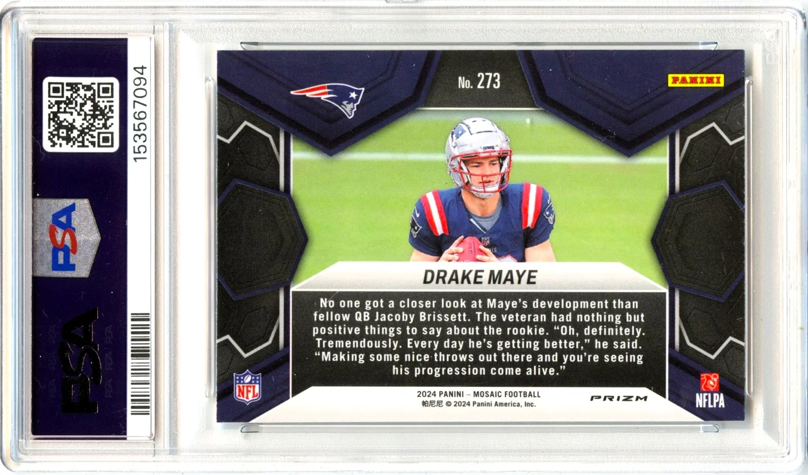 Drake Maye RC 2024 Panini Mosaic Silver Mosaic Rookie #273 PSA 9 - Image 2