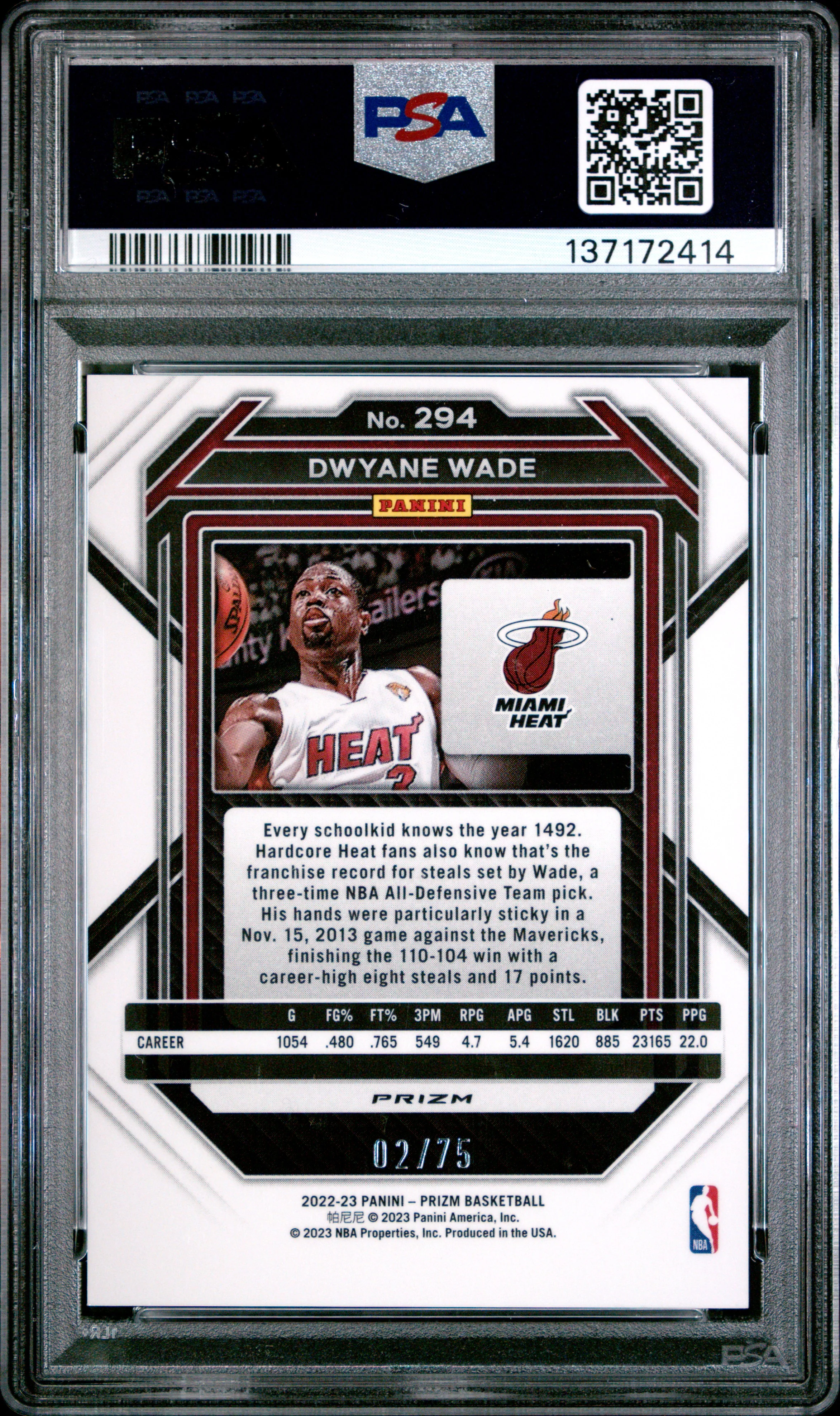 Dwyane Wade 2022-23 Panini Prizm Red Power SP 2/75 PSA 9 - Image 2