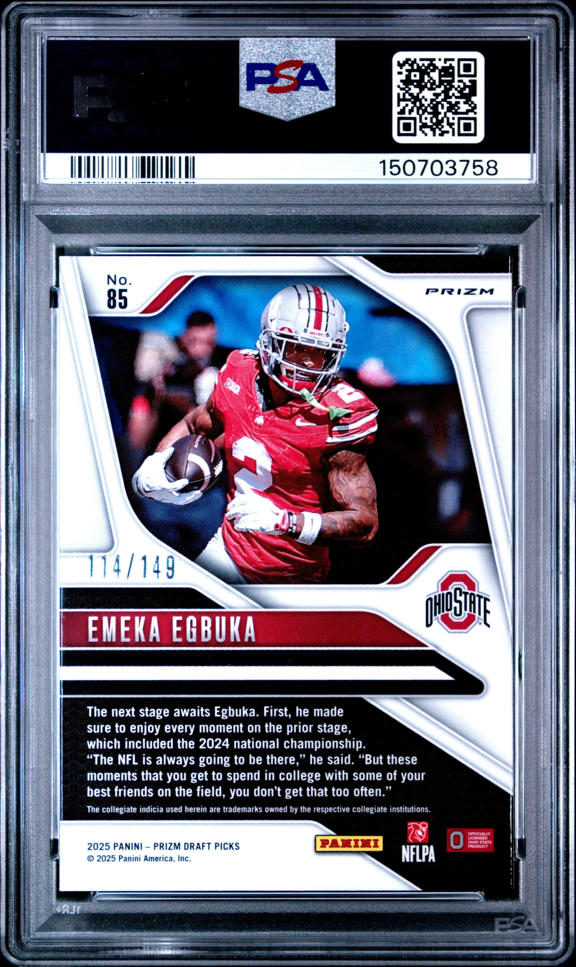 Emeka Egbuka RC 2025 Panini Prizm Draft Blue Ice Rookie SP 114/149 PSA 10 - Image 2