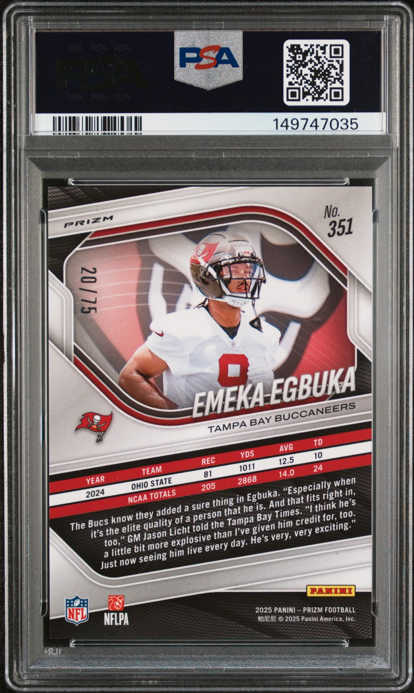 Emeka Egbuka RC 2025 Panini Prizm Green Scope Rookie SP 20/75 PSA 9 - Image 2