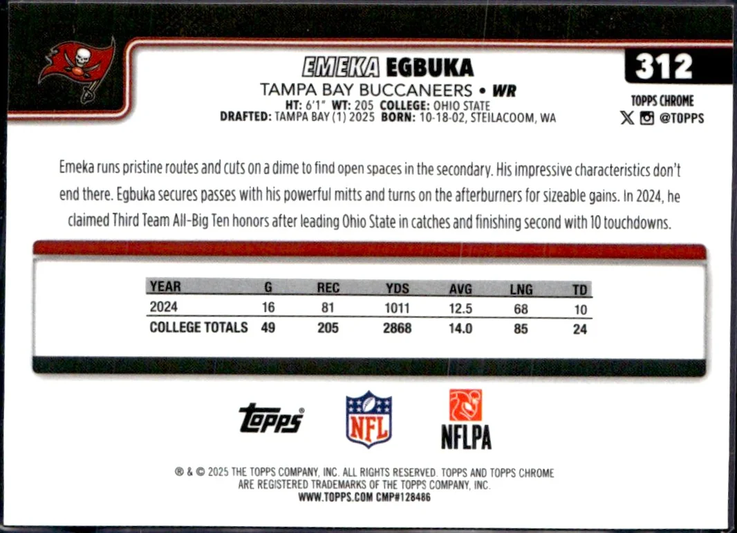 Emeka Egbuka RC 2025 Topps Chrome Variation Gold Refractor Rookie SP 40/50 - Image 2