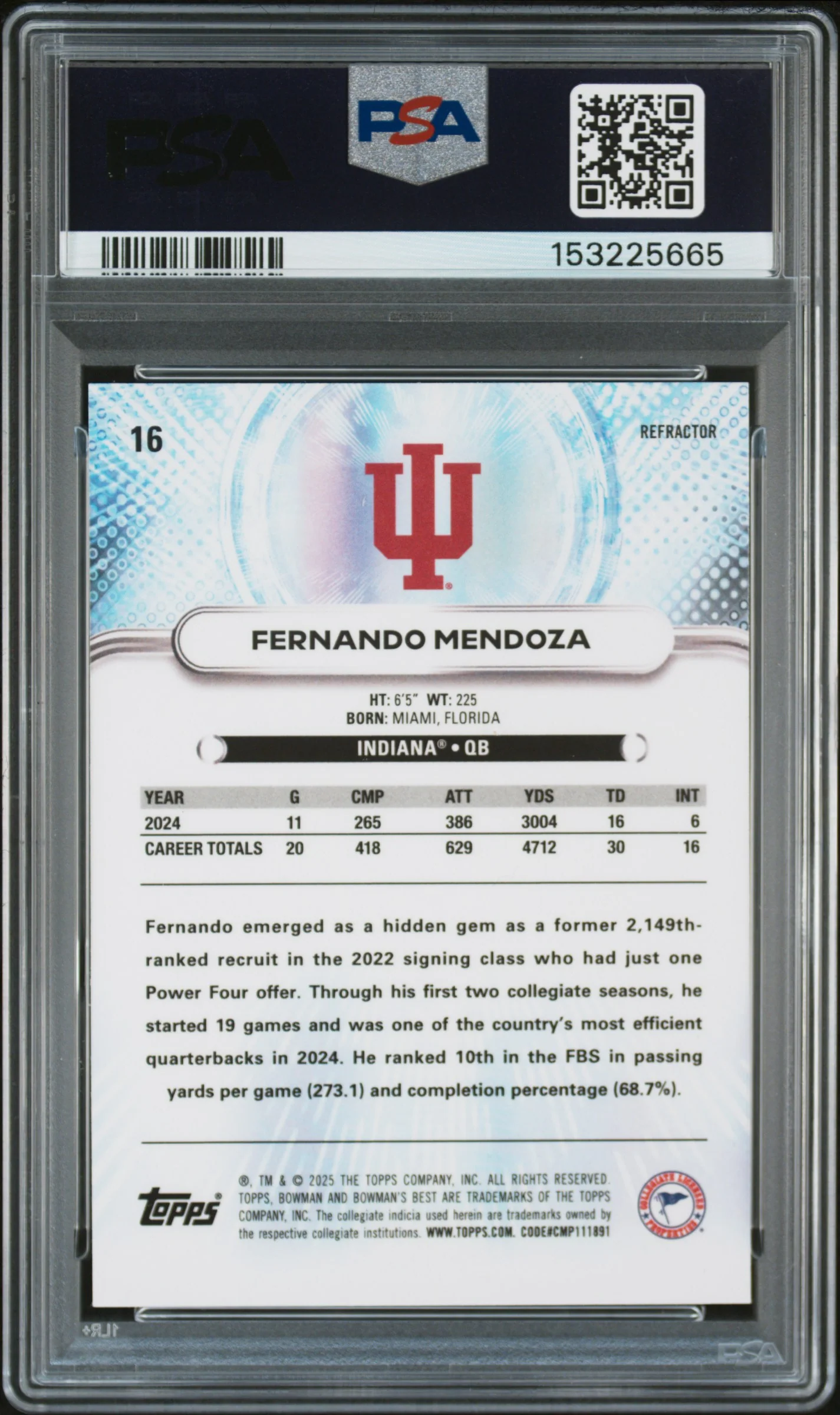 Fernando Mendoza RC 2025 Bowman U Best Refractor Rookie #16 PSA 8 - Image 2