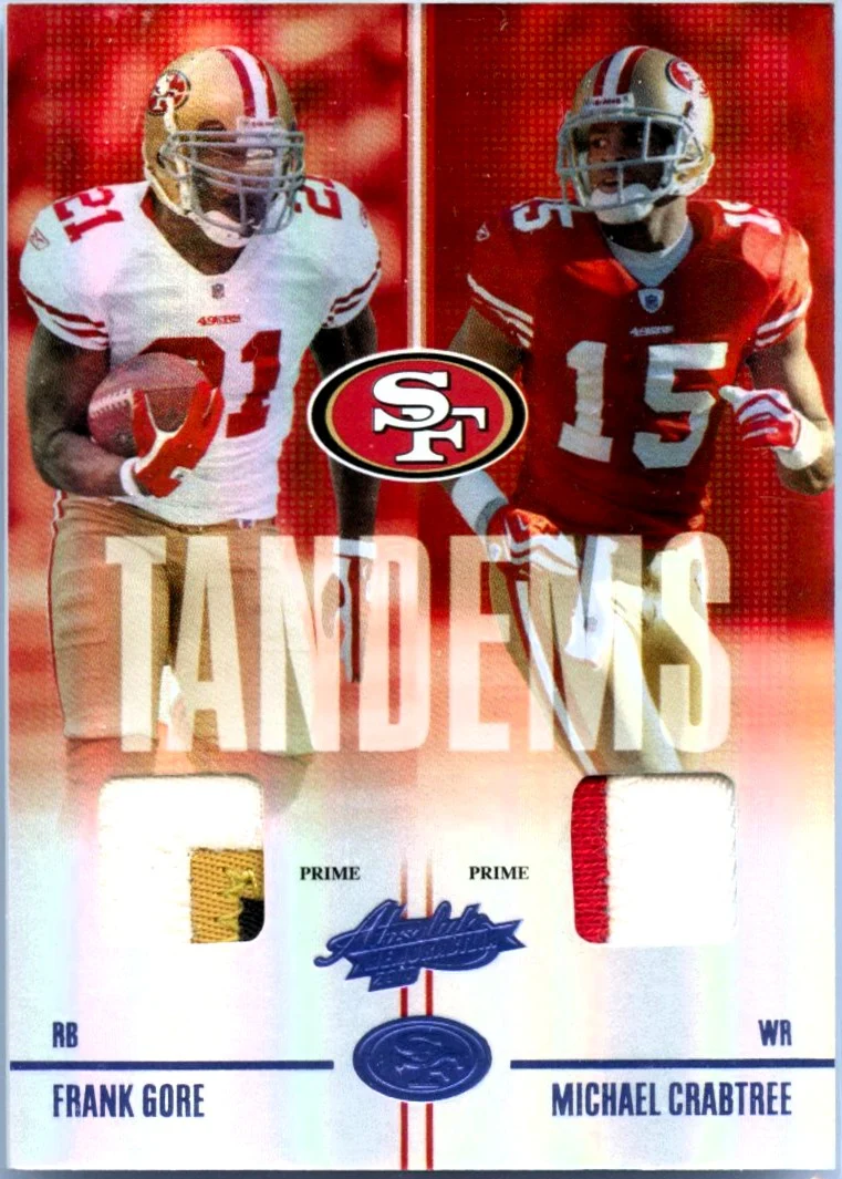Frank Gore Michael Crabtree 2010 Absolute Blue Prime Tandems Dual Game Used Patch SP 19/25