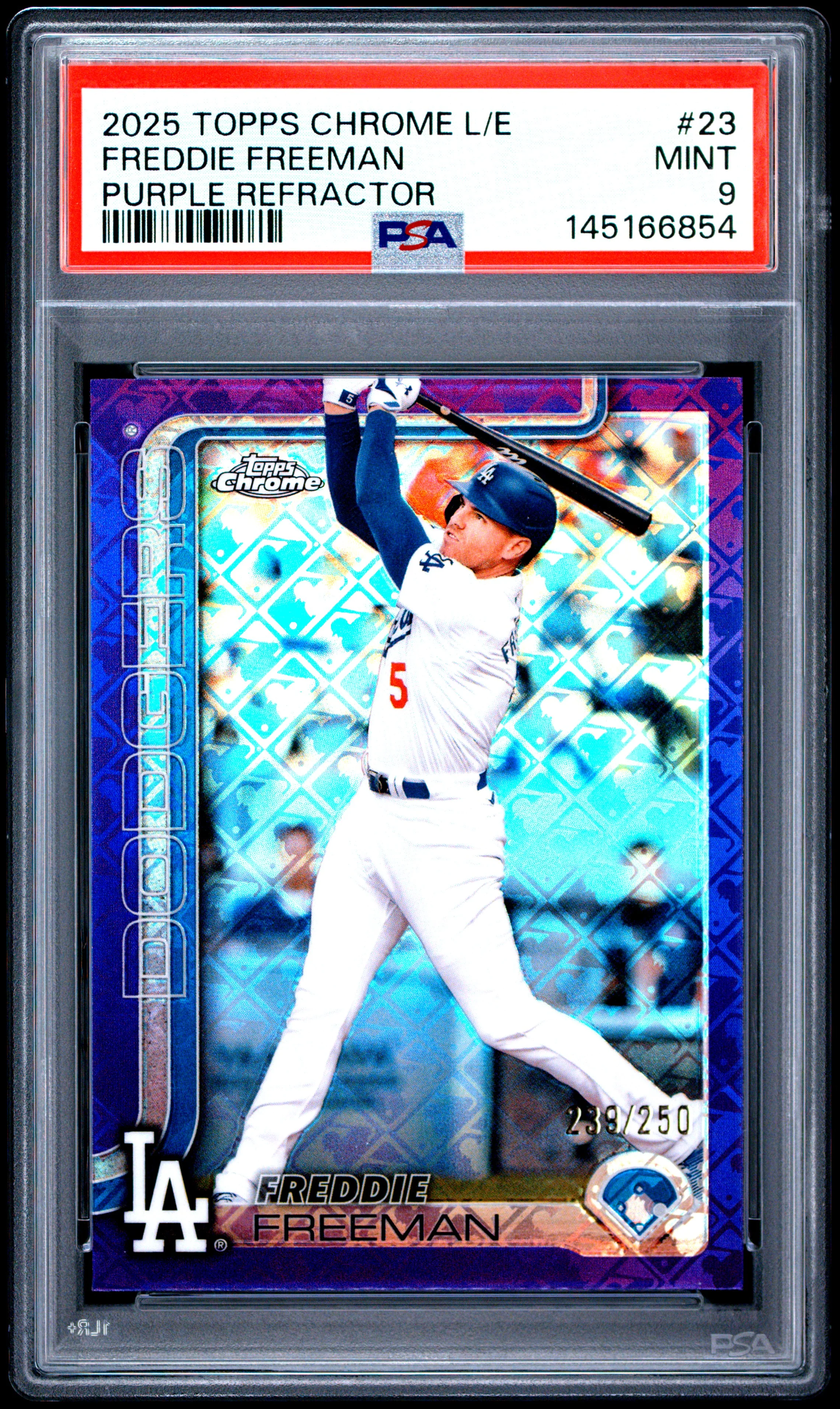 Freddie Freeman 2025 Topps Chrome Logofractor Purple SP 239/250 PSA 9