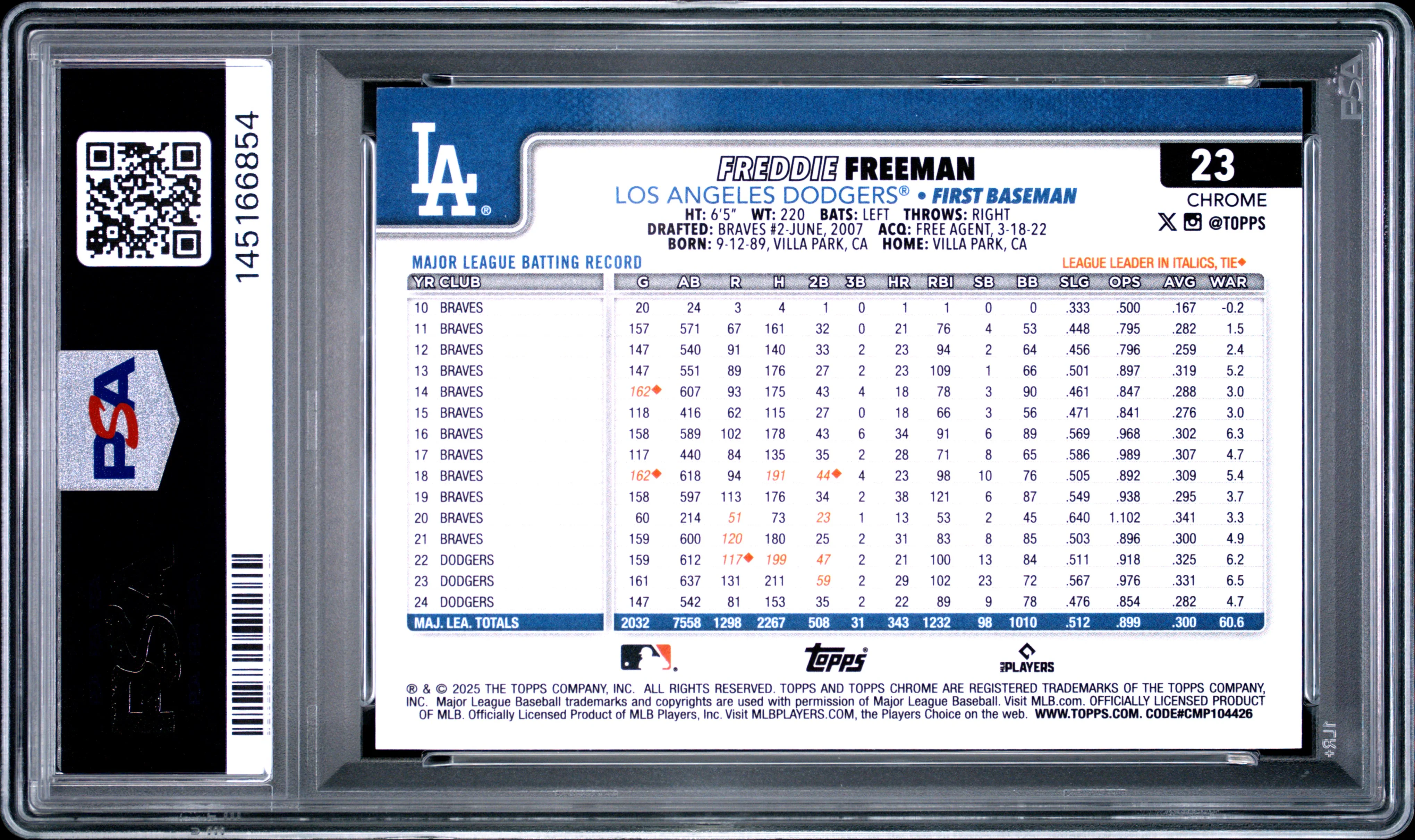 Freddie Freeman 2025 Topps Chrome Logofractor Purple SP 239/250 PSA 9 - Image 2