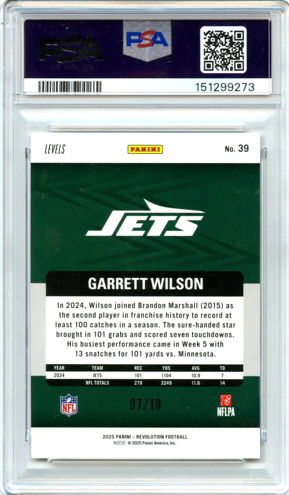 Garrett Wilson 2025 Panini Revolution Gold Levels SP 7/10 PSA 10 - Image 2