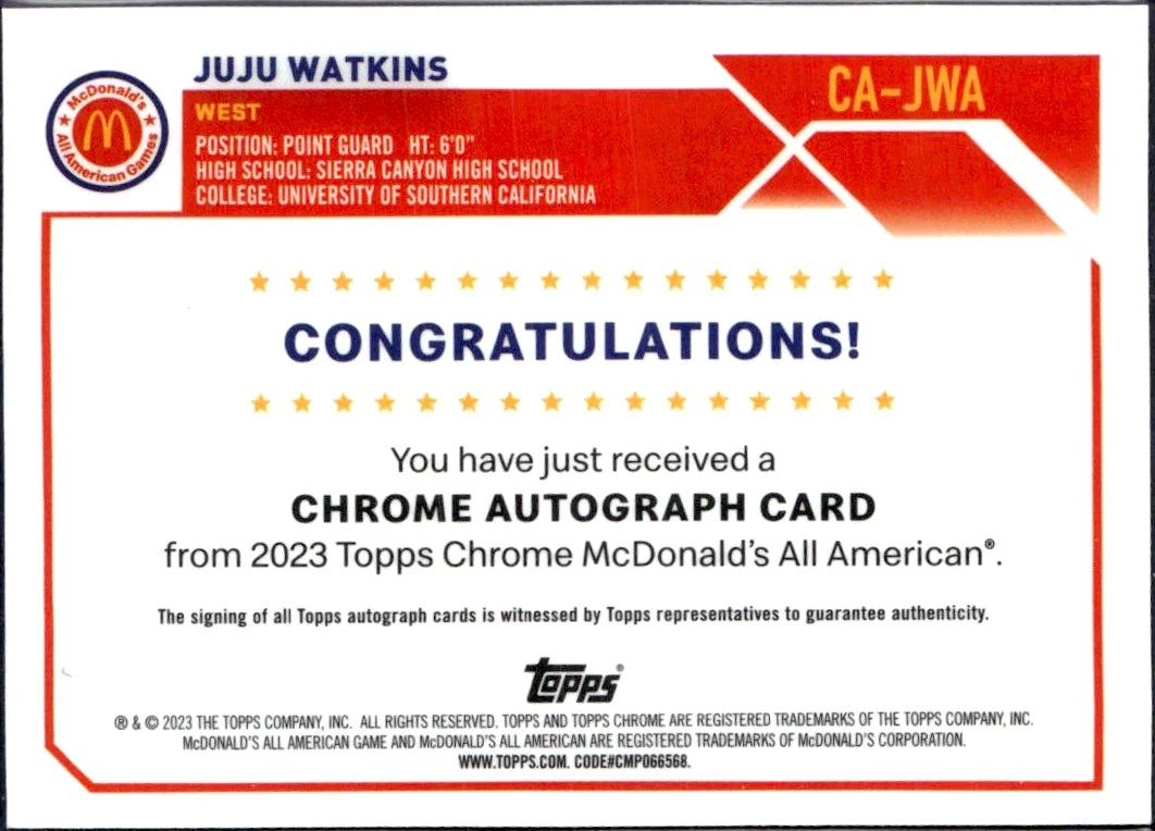 Juju Watkins RC 2023 Topps Chrome Mcdonalds All American Refractor Rookie Auto - Image 2