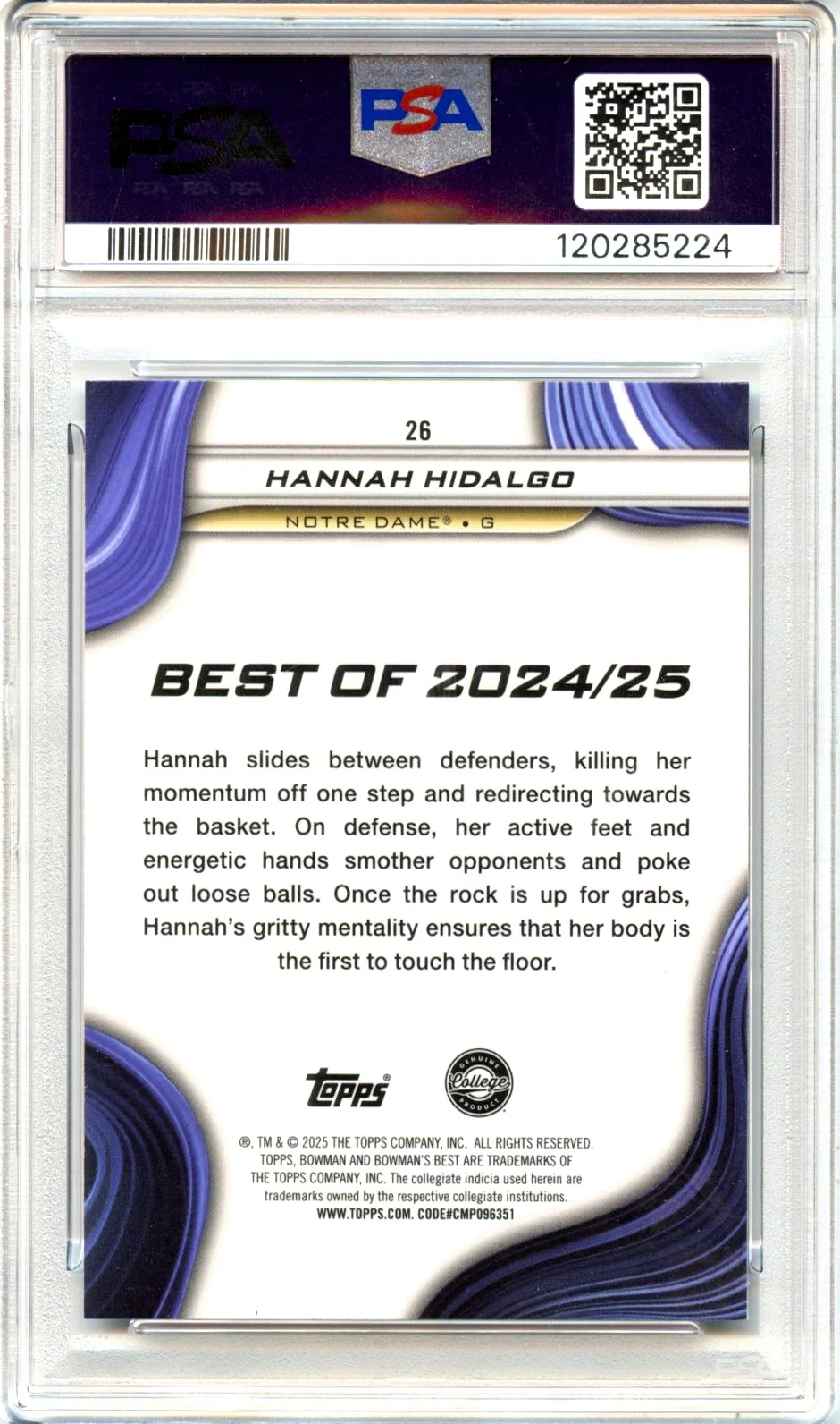 Hannah Hidalgo RC 2024 Bowman U Best Purple Refractor Rookie SP 59/250 PSA 10 - Image 2