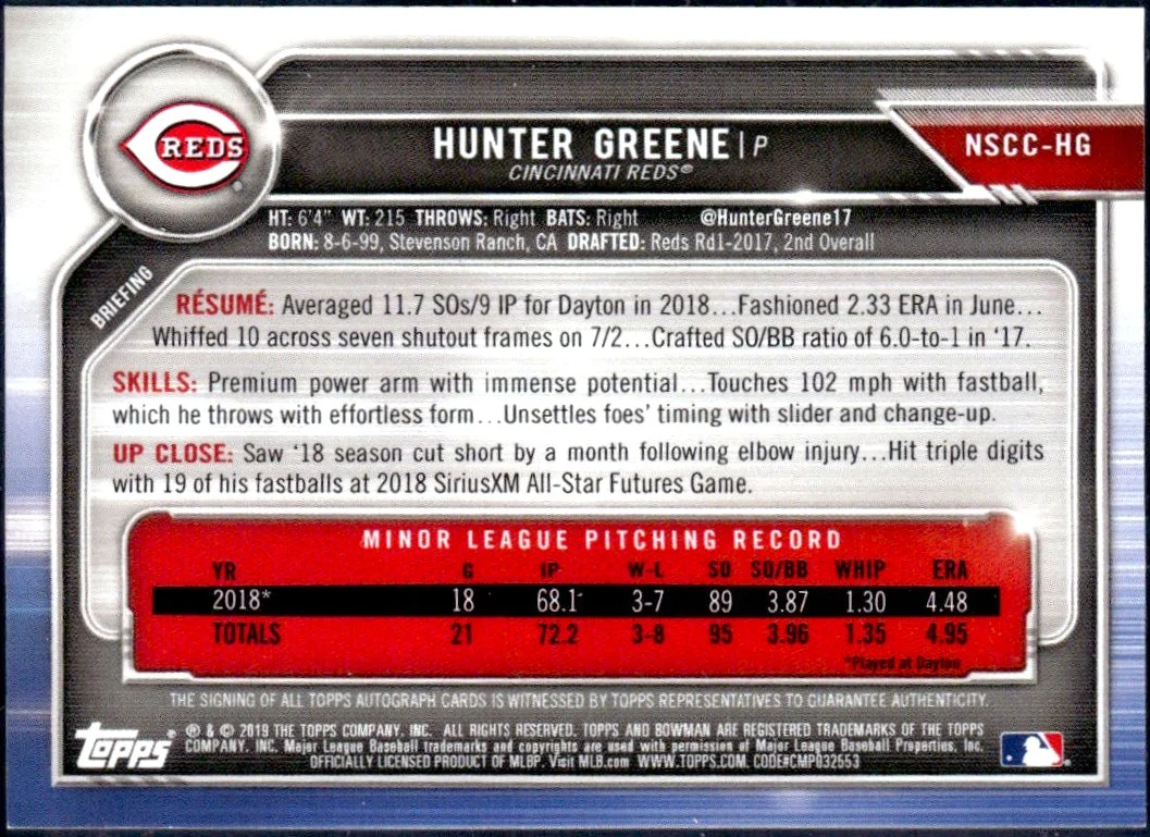 Hunter Greene 2019 Bowman National Prospect Rookie Auto - Image 2