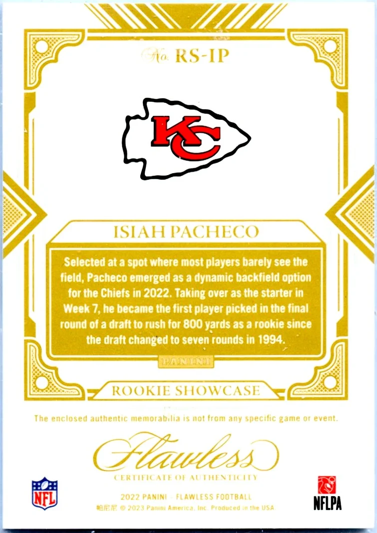 Isiah Pacheco RC 2022 Flawless Holo Silver Quad Rookie Showcase Patch SP 12/20 - Image 2