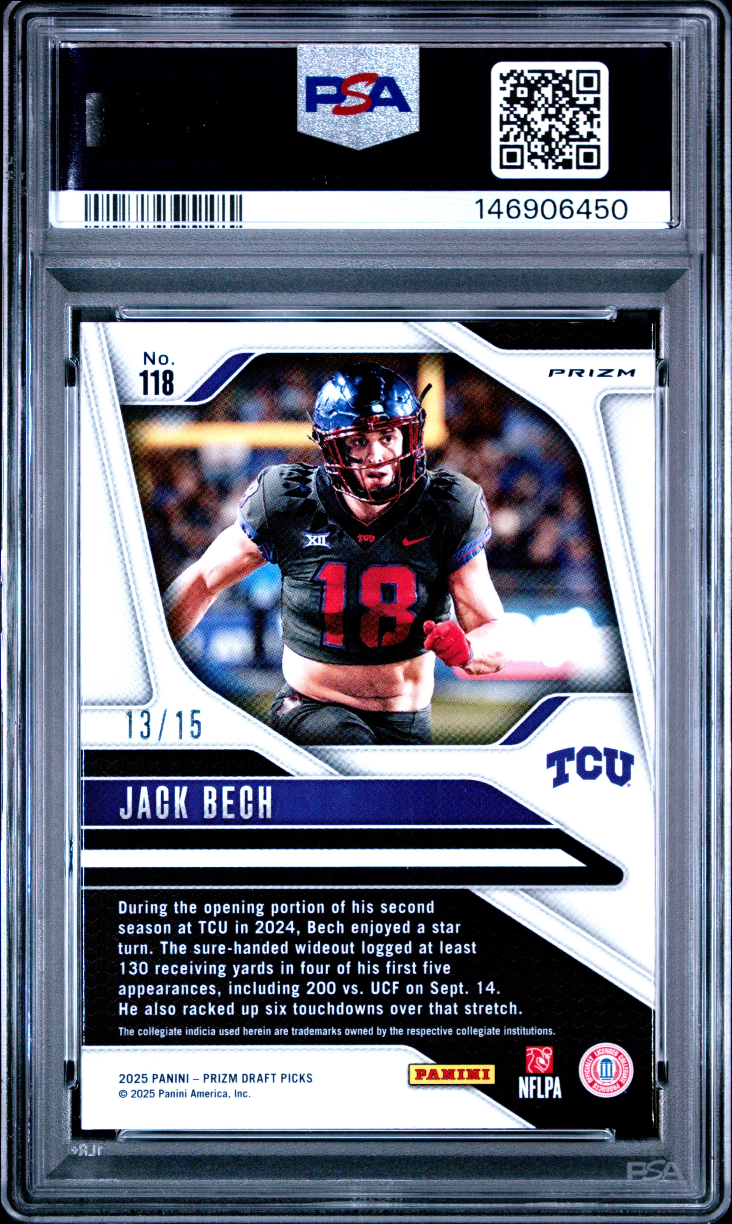 Jack Bech RC 2025 Panini Prizm Draft Gold Shimmer Rookie SP 13/15 PSA 9 - Image 2