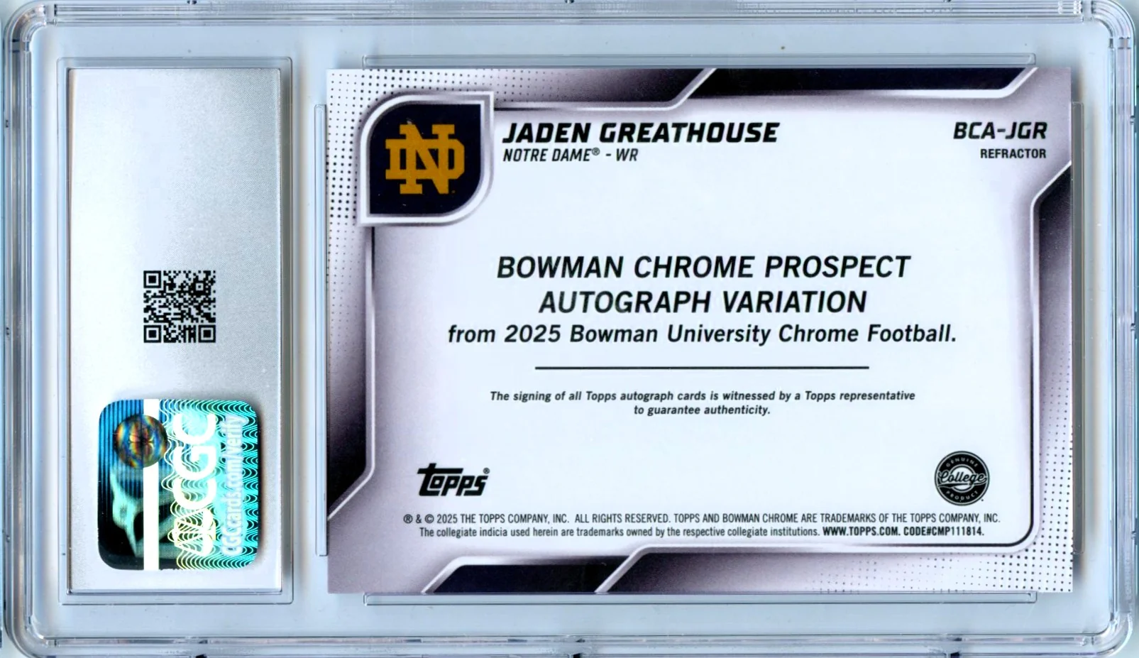 Jaden Greathouse RC 2025 Bowman U Chrome Refractor Rookie Auto SP 190/299 CGC 10 - Image 2