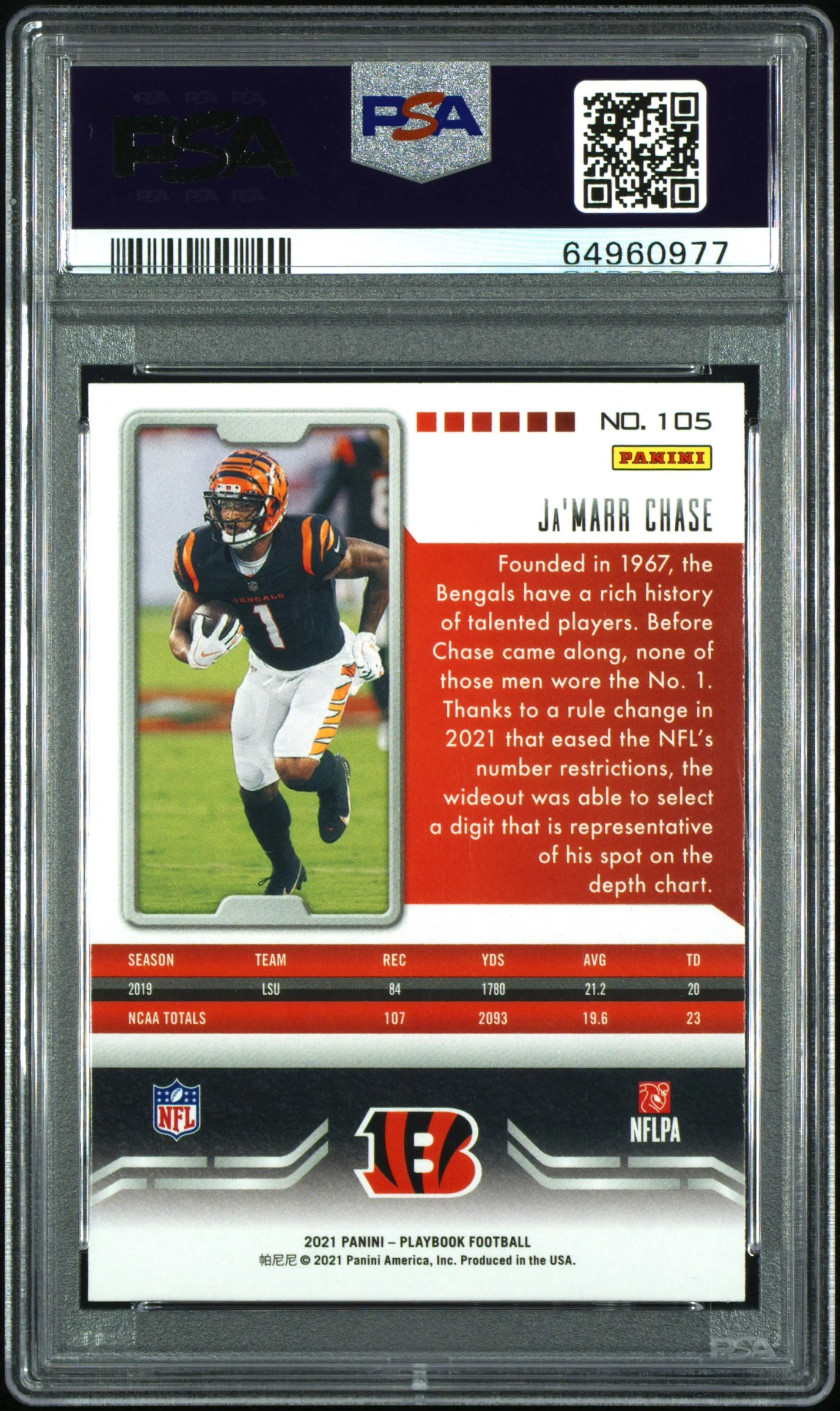 Ja'marr Chase RC 2021 Panini Playbook Mosaic Rookie #105 PSA 10 - Image 2