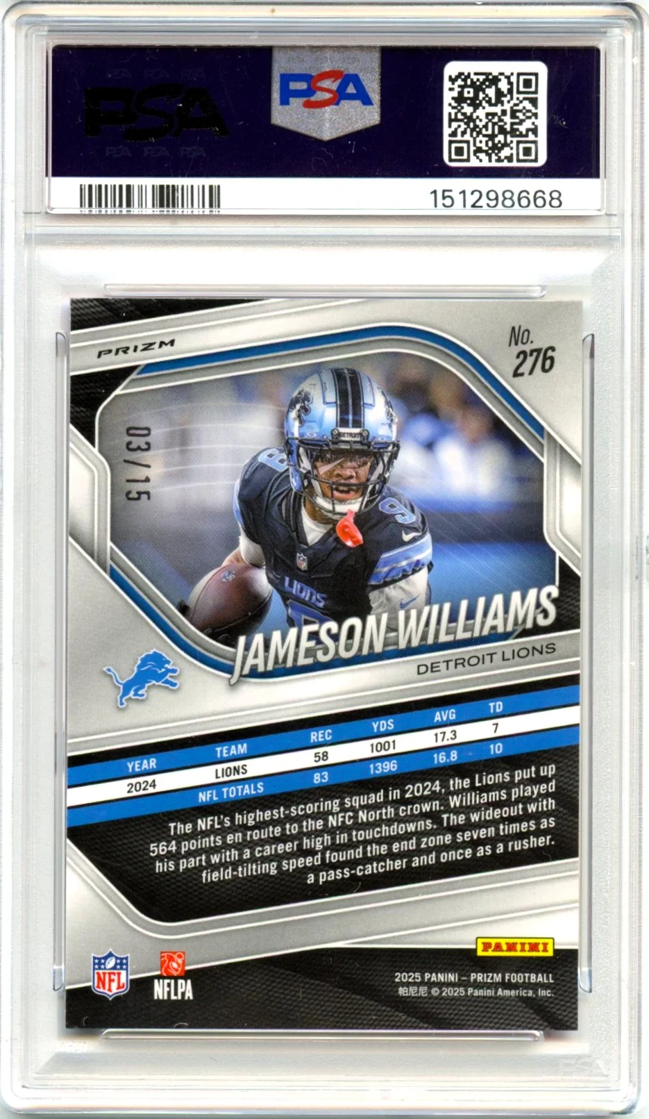 Jameson Williams RC 2025 Panini Prizm Cherry Blossom Choice SP 3/15 PSA 9 - Image 2