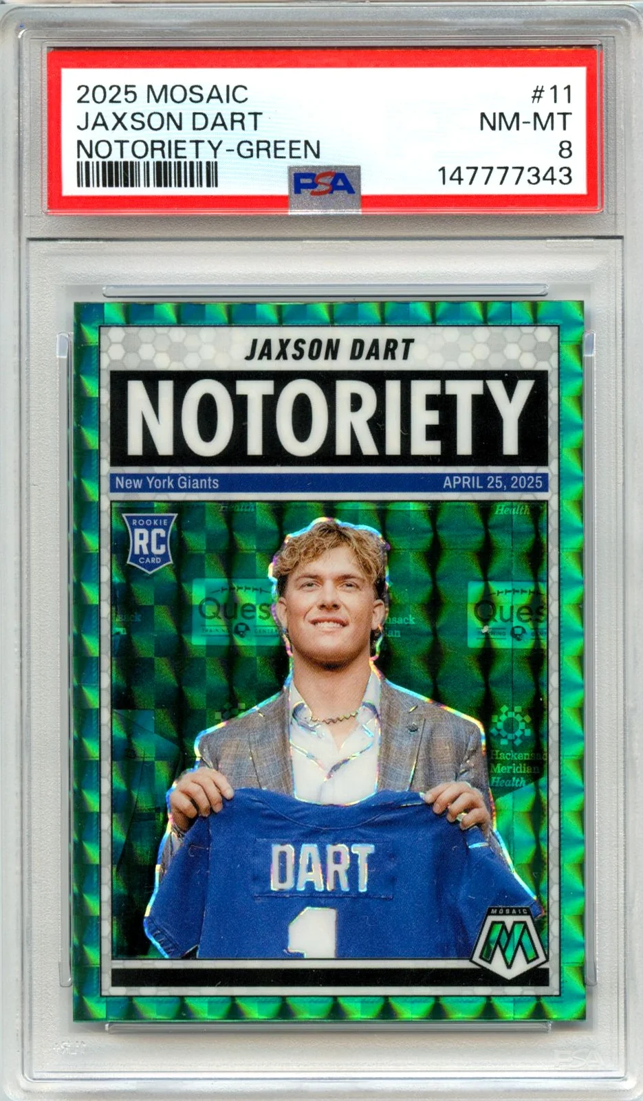 Jaxson Dart RC 2025 Panini Mosaic Green Notoriety Rookie #11 PSA 8