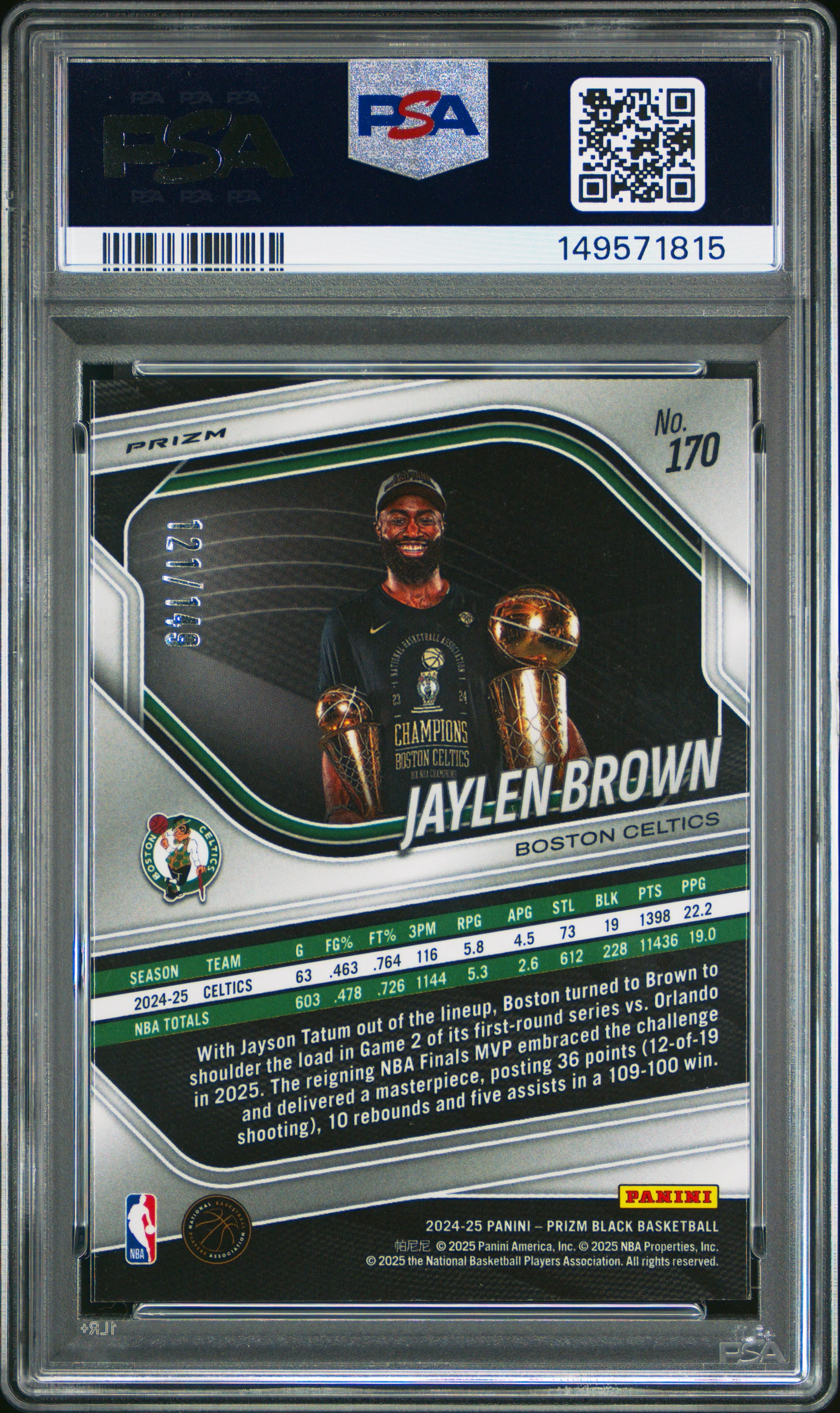 Jaylen Brown 2024-25 Panini Prizm Black Purple Ice SP 121/149 PSA 9 - Image 2