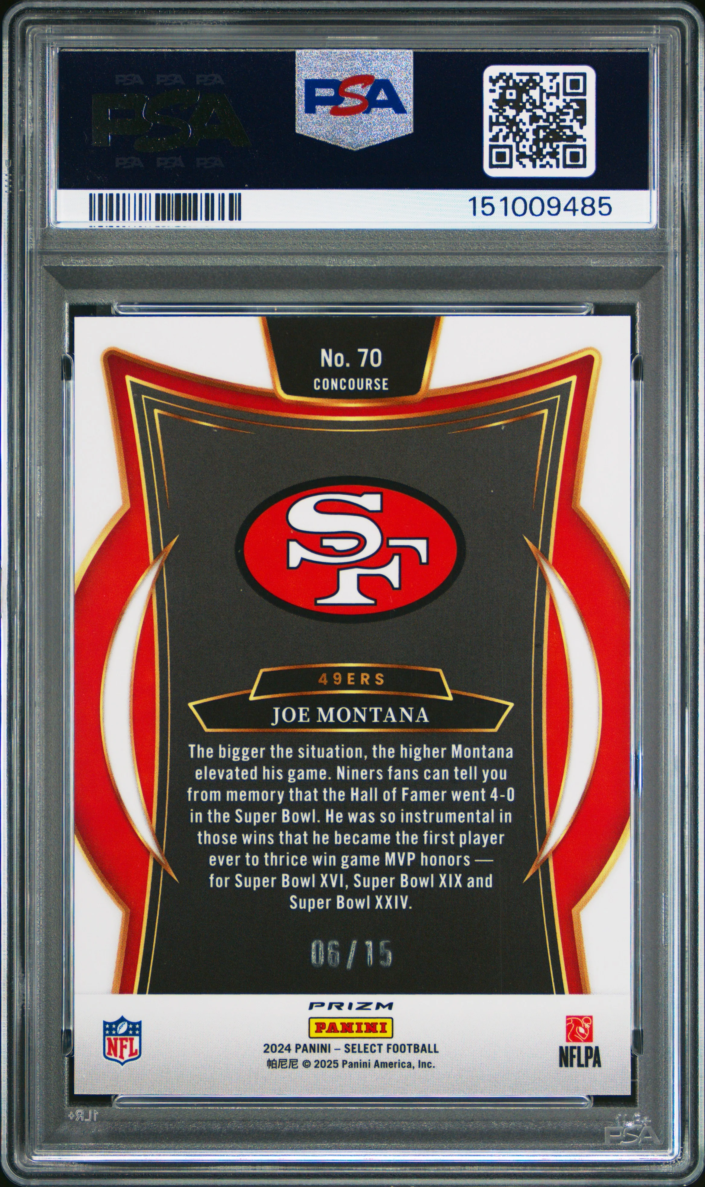 Joe Montana 2024 Panini Select Concourse Pink Glitter Prizm SP 6/15 PSA 9 - Image 2