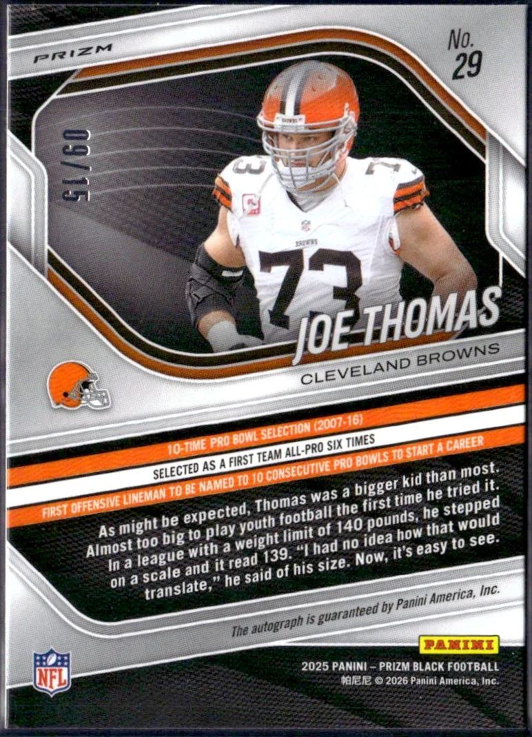 Joe Thomas 2025 Panini Prizm Black Blue Shimmer FOTL Auto SP 9/15 - Image 2